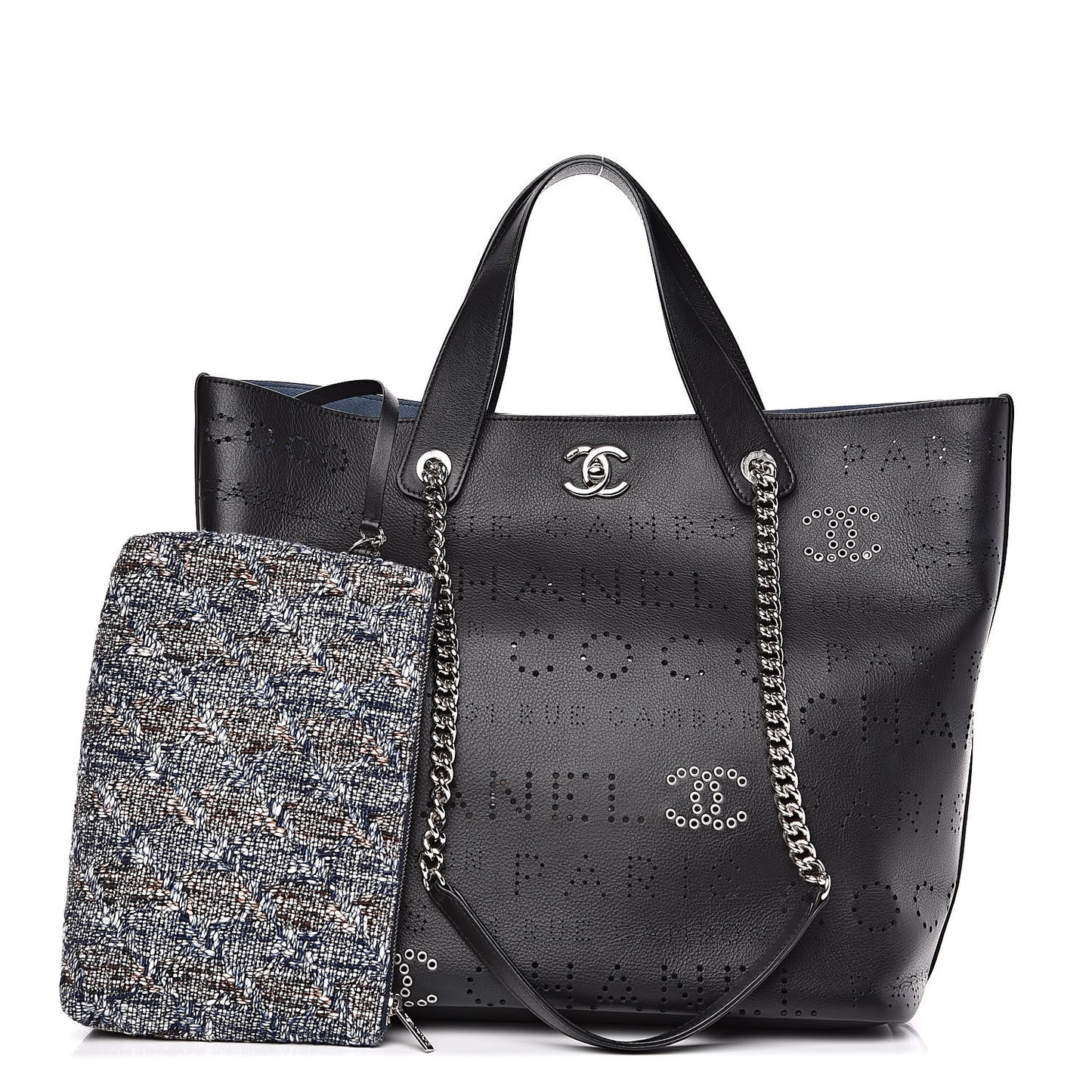 Calfskin Tweed Small Logo Eyelets Shopping Tote Black
