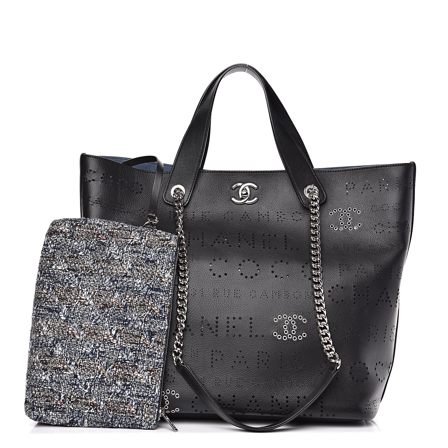 Chanel Calfskin Tweed Small Logo Eyelets Shopping Tote Black 1 of 11