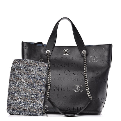 Chanel Calfskin Tweed Small Logo Eyelets Shopping Tote Black 1 of 11