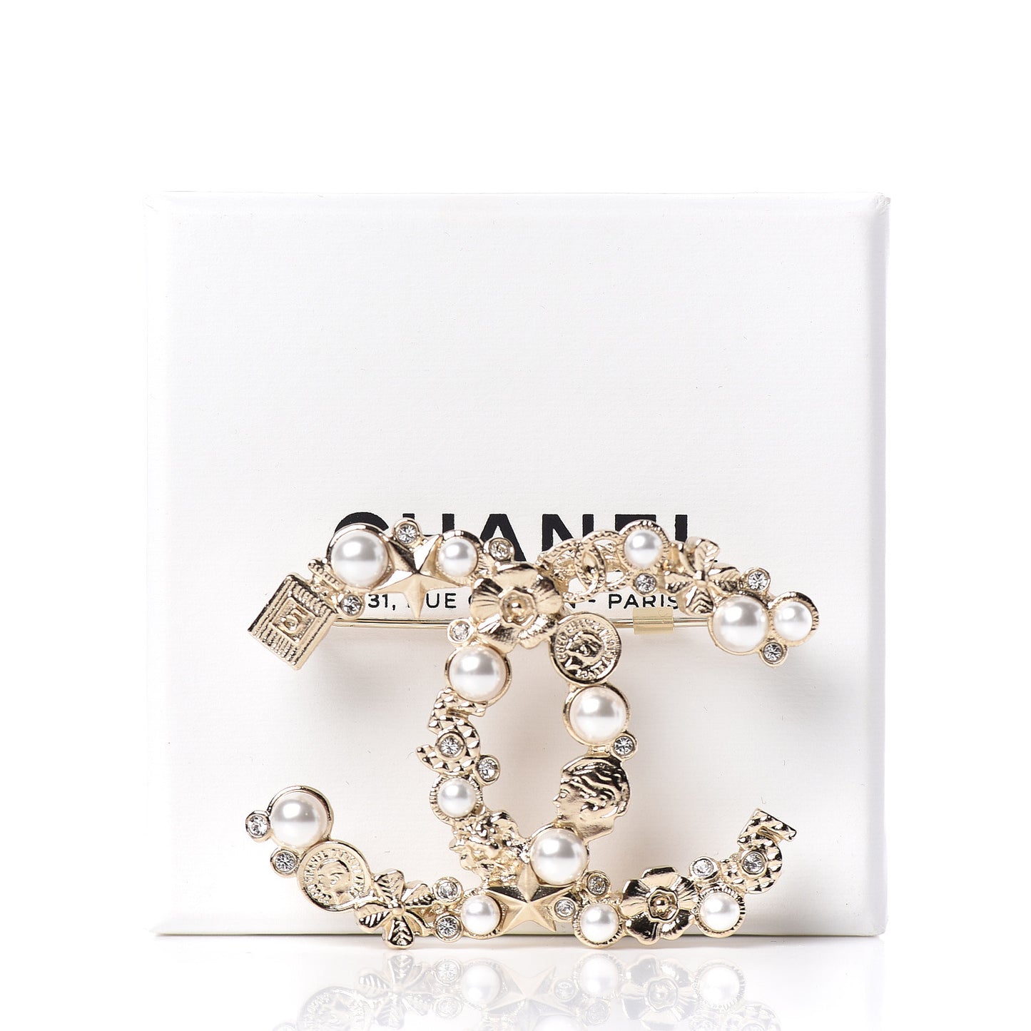 Crystal Pearl CC Charms Brooch Gold