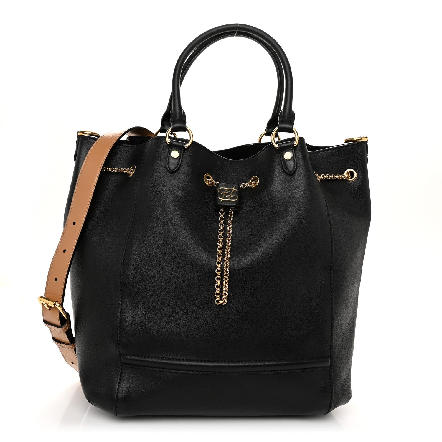 Fendi Vitello Grace King Karligraphy Chain Bucket Bag Black Bisquit 1 of 11
