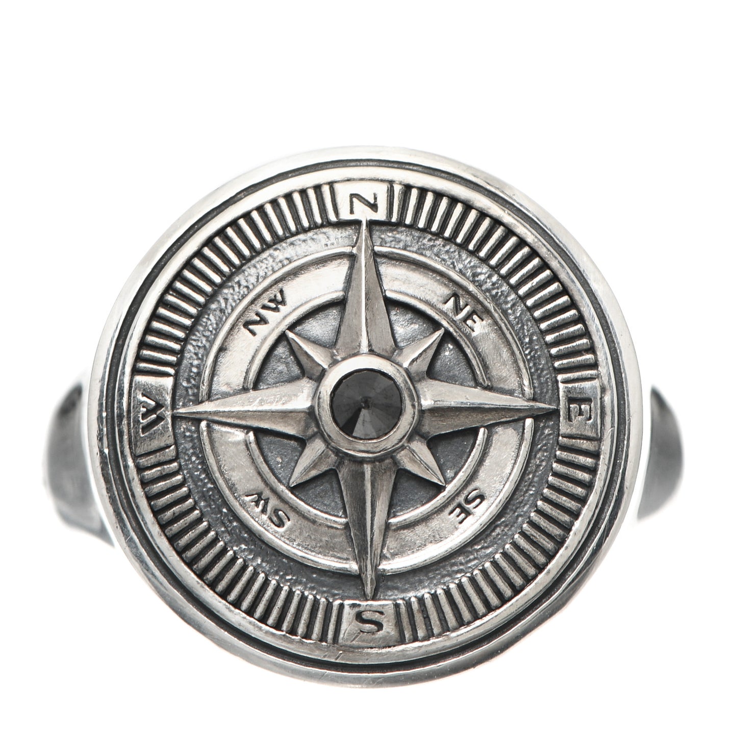 Sterling Silver Black Diamond Maritime Compass Signet Ring 57 8