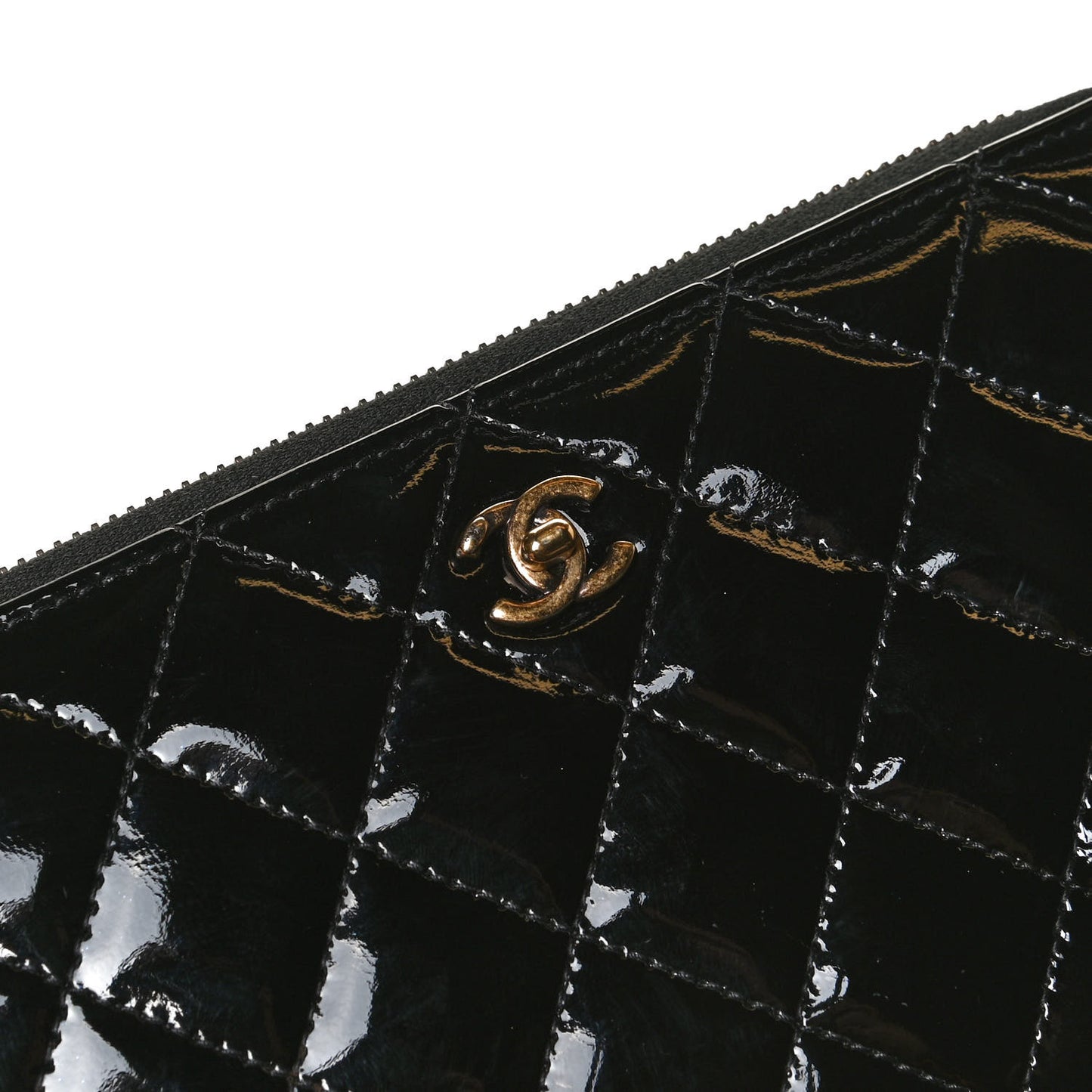 Patent Quilted Large Gusset Zip Around Wallet Black