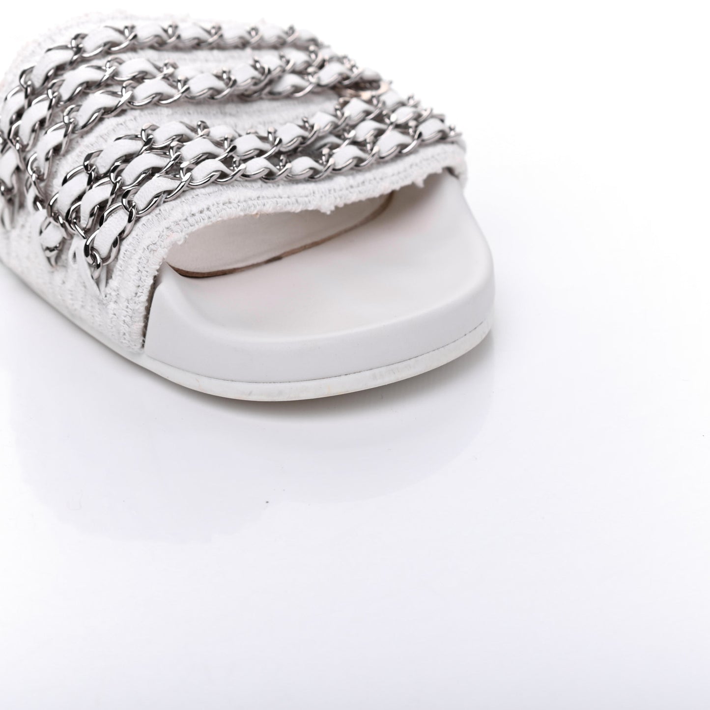 Tweed Lambskin Chain Flat Sandals 38 White