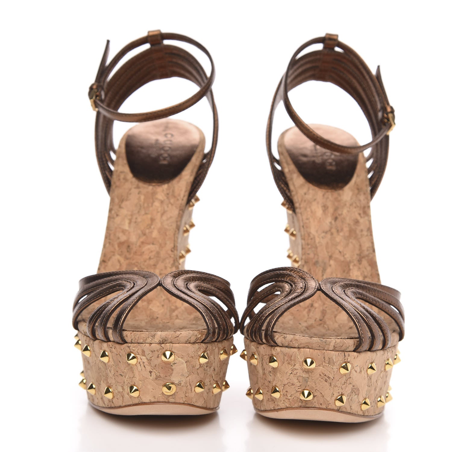 Gucci Metallic Calfskin Cork Stud Wedge Sandals 37 Brown 2 of 9