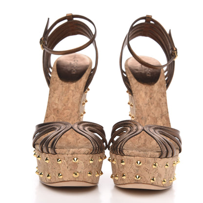 Gucci Metallic Calfskin Cork Stud Wedge Sandals 37 Brown 2 of 9