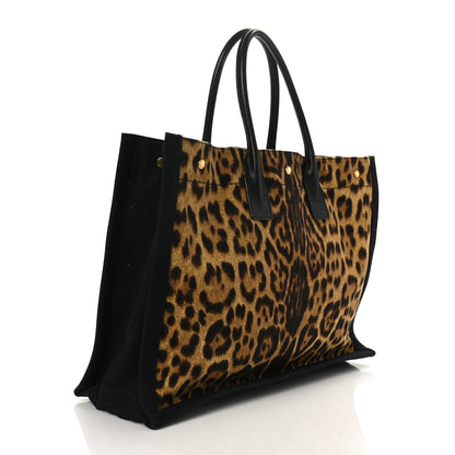 Saint Laurent Canvas Calfskin Leopard Print Rive Gauche Noe Tote Natural Black 3 of 9