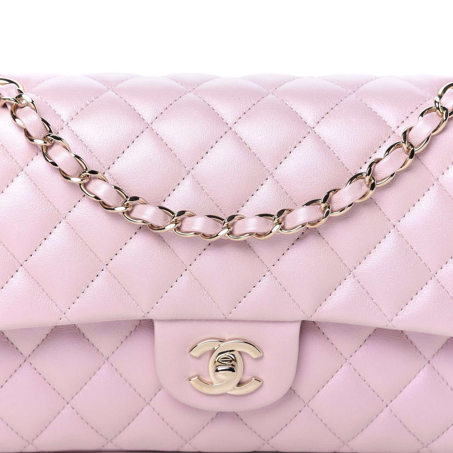 Iridescent Calfskin Quilted Medium Double Flap Light Pink