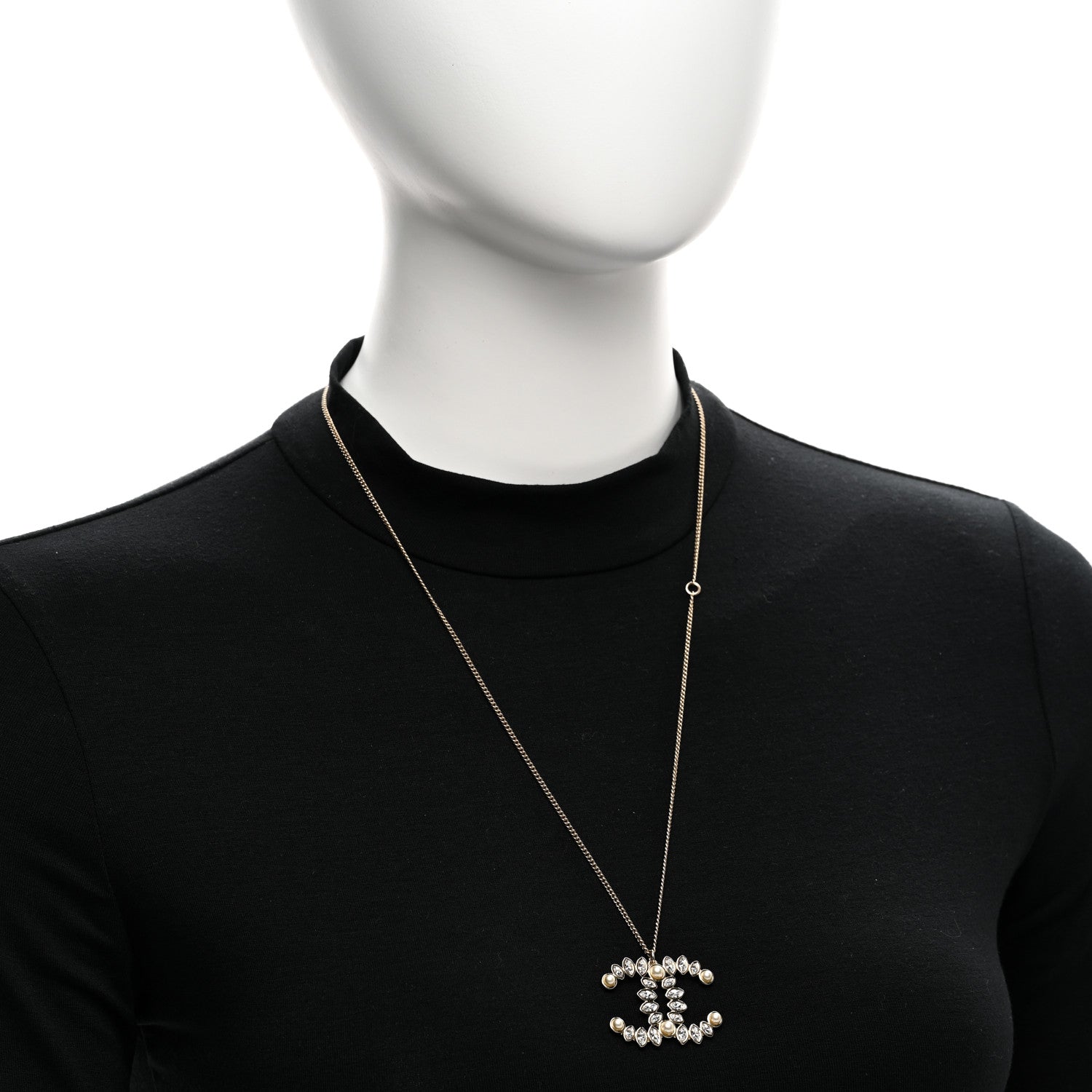 Chanel Pearl Crystal CC Pendant Necklace Gold Gold 2 of 5