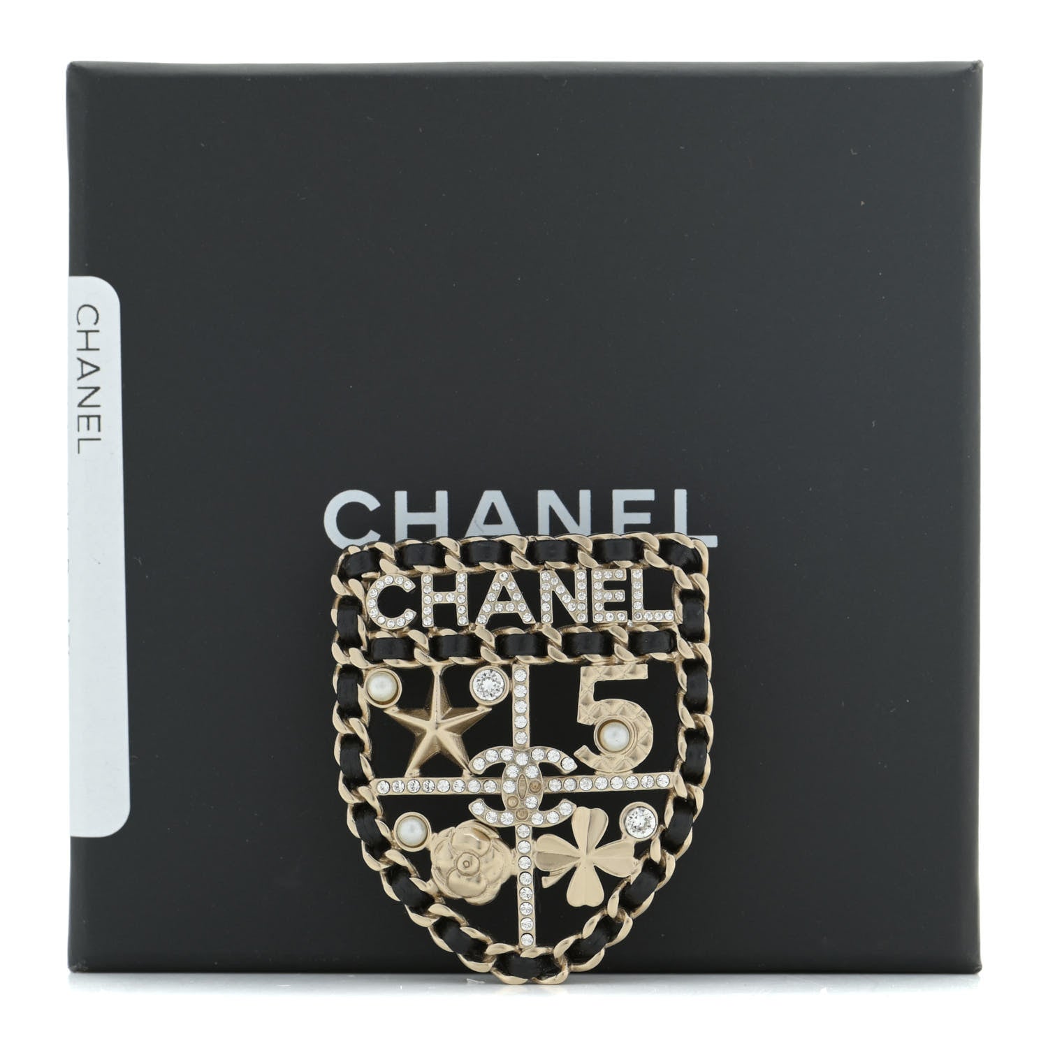 Chanel Lambskin Pearl Strass Sergeant Chanel Shield Brooch Gold 6 of 6
