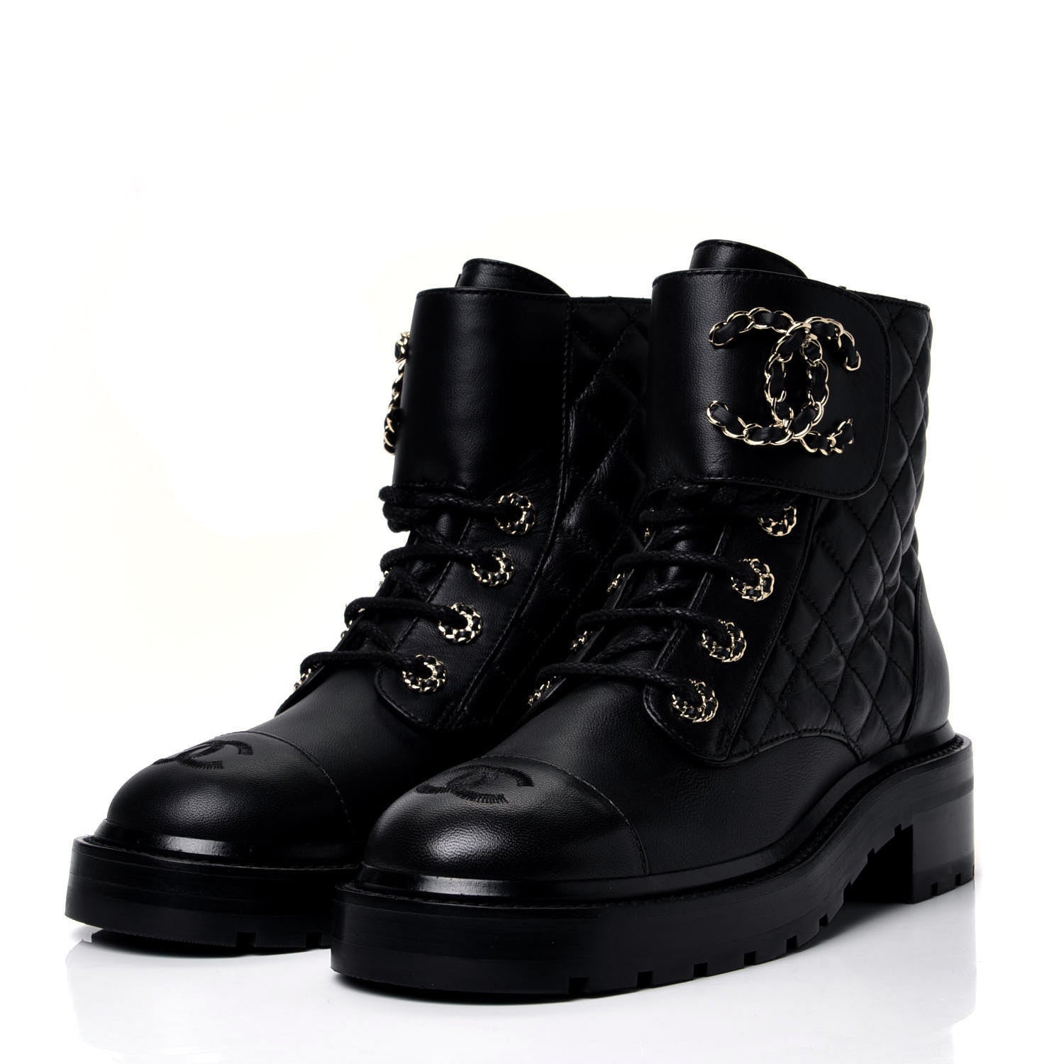 Chanel Shiny Lambskin Quilted Lace Up Combat Boots 36 Black 4 of 12