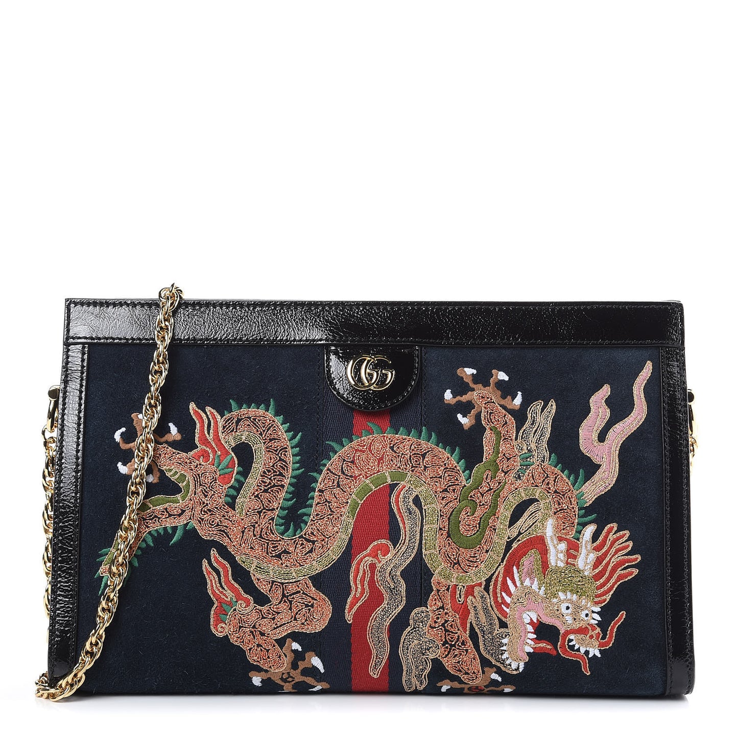 Suede Patent Web Dragon Embroidered Medium Ophidia Chain Shoulder Bag Blue Multicolor Black