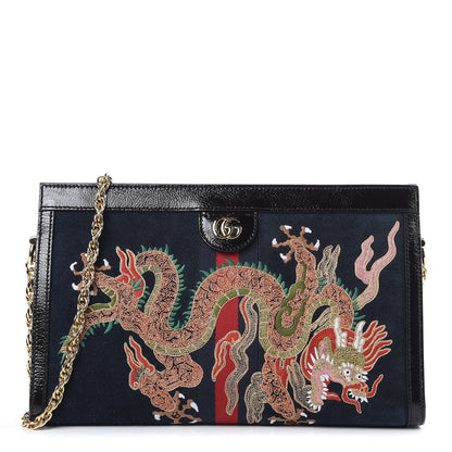 Gucci Suede Patent Web Dragon Embroidered Medium Ophidia Chain Shoulder Bag Blue Multicolor Black 1 of 11