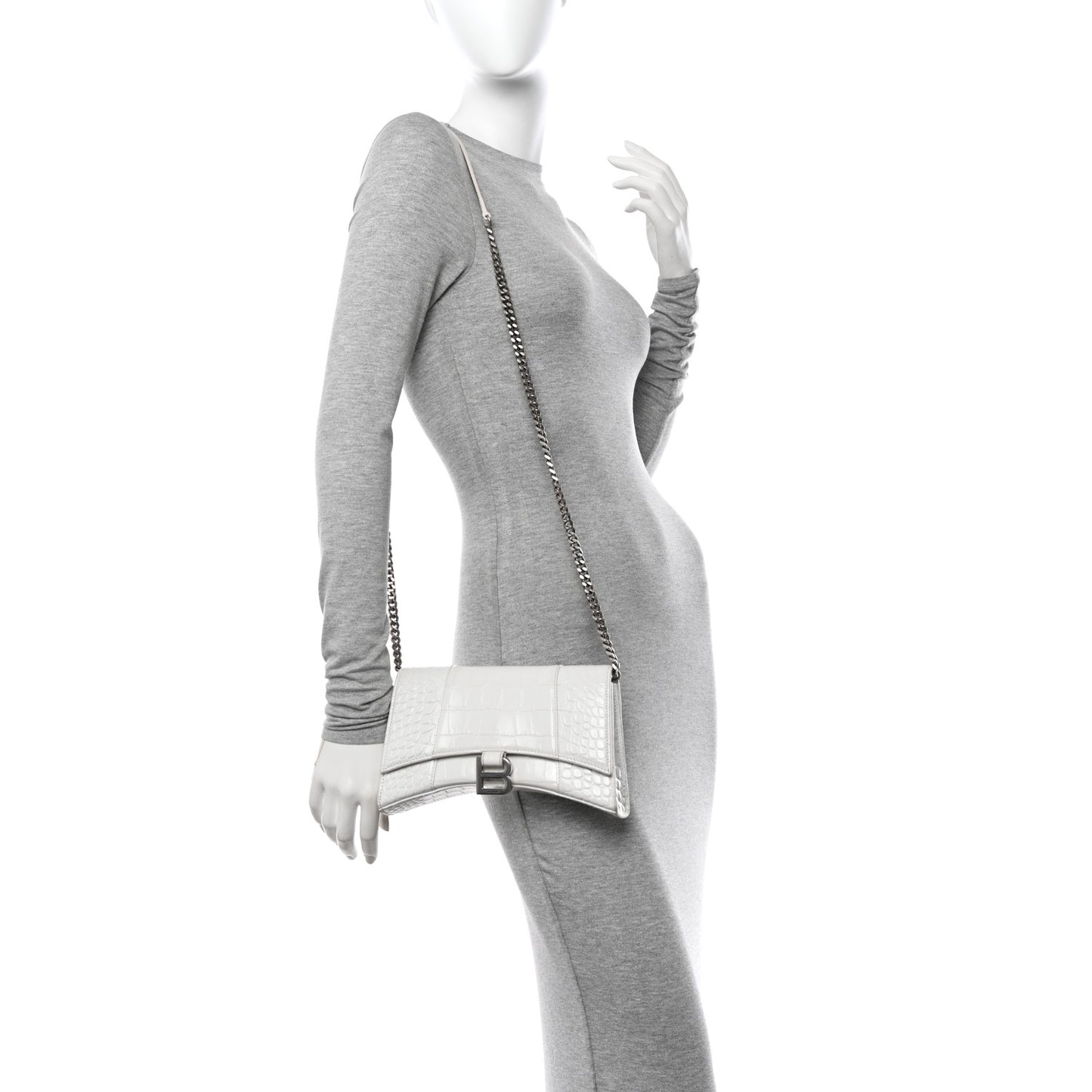 Shiny Calfskin Crocodile Embossed Small Hourglass Evening Chain Bag White