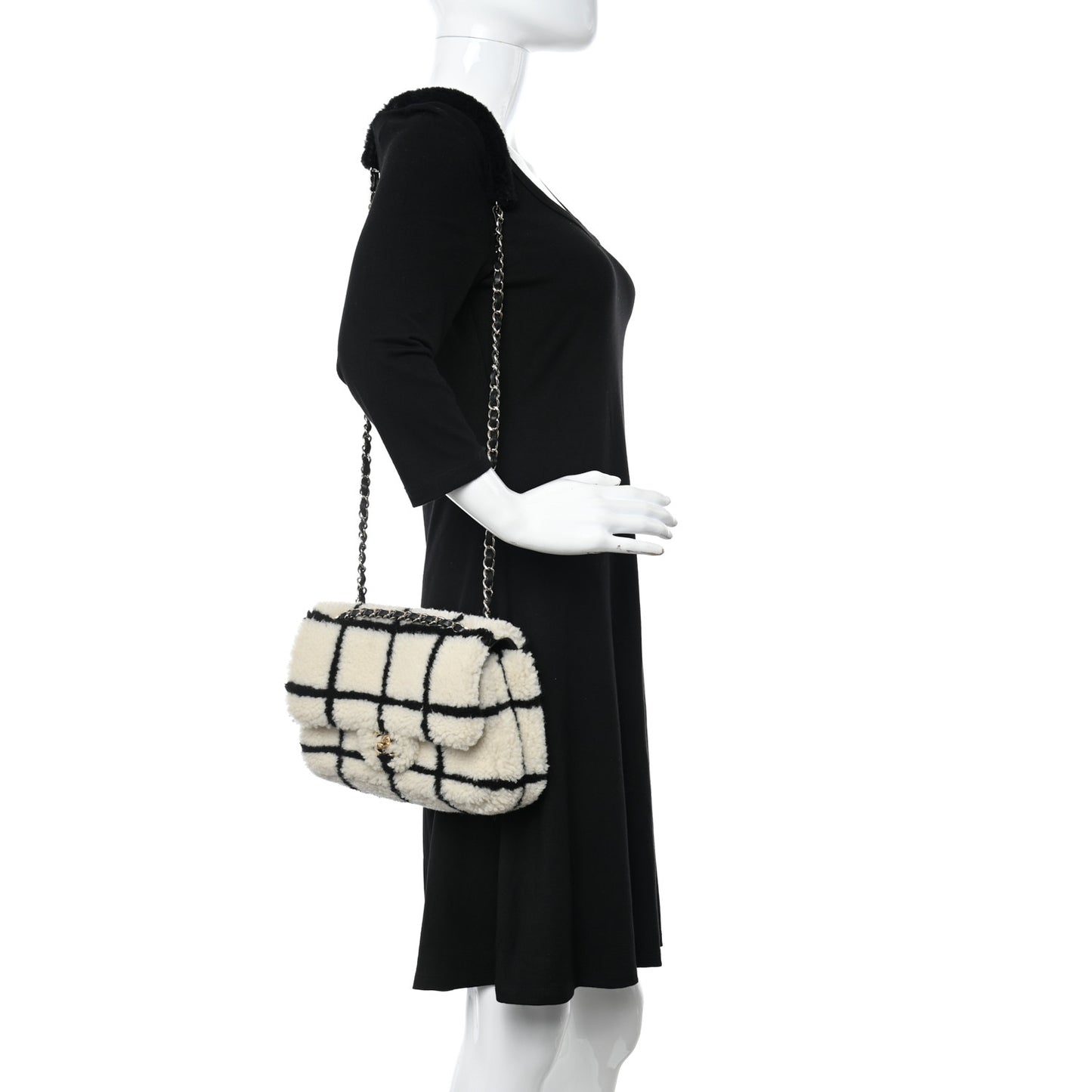 Shearling Lambskin Large Fluffy Tartan Single Flap White Black