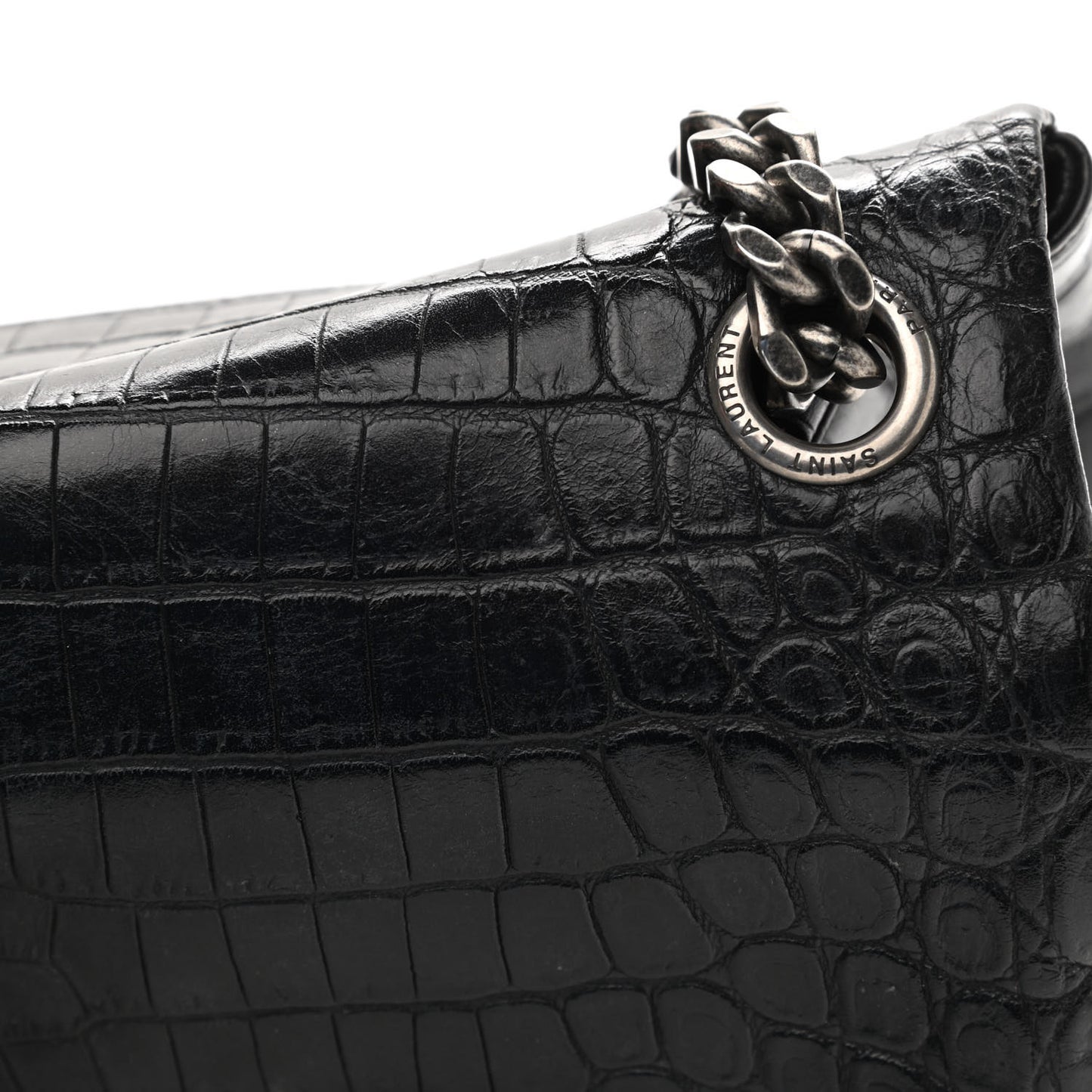 Calfskin Crocodile Embossed Medium West Hollywood Monogram Fold-Over Black