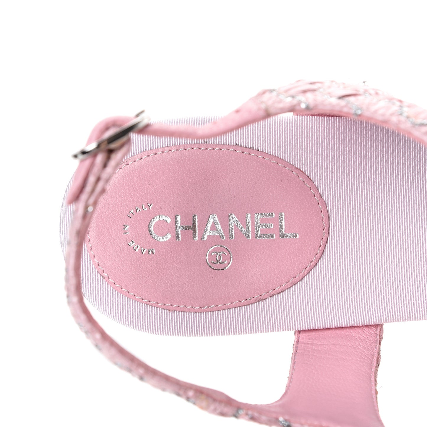 Tweed CC Charm Thong Sandals 39.5 Pink Silver