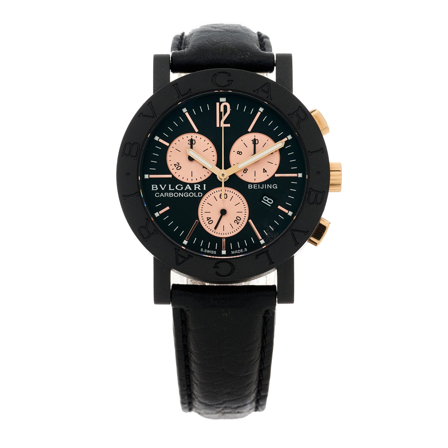 Bulgari Carbon 18K Rose Gold Calfskin 38mm Carbongold Marbella Quartz Watch Black 1 of 4