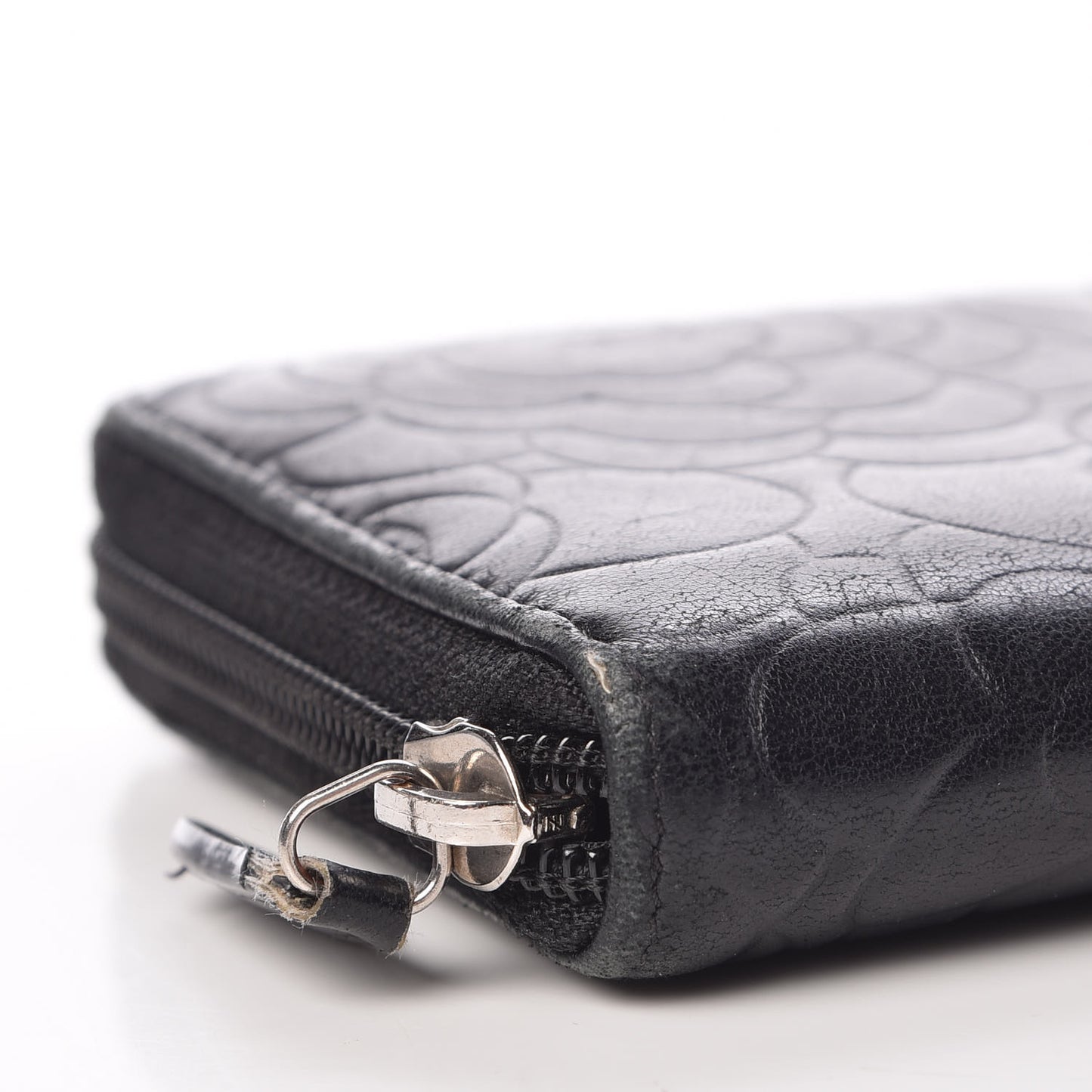 Lambskin Camellia Embossed Large Zip Around Gusset Wallet Black