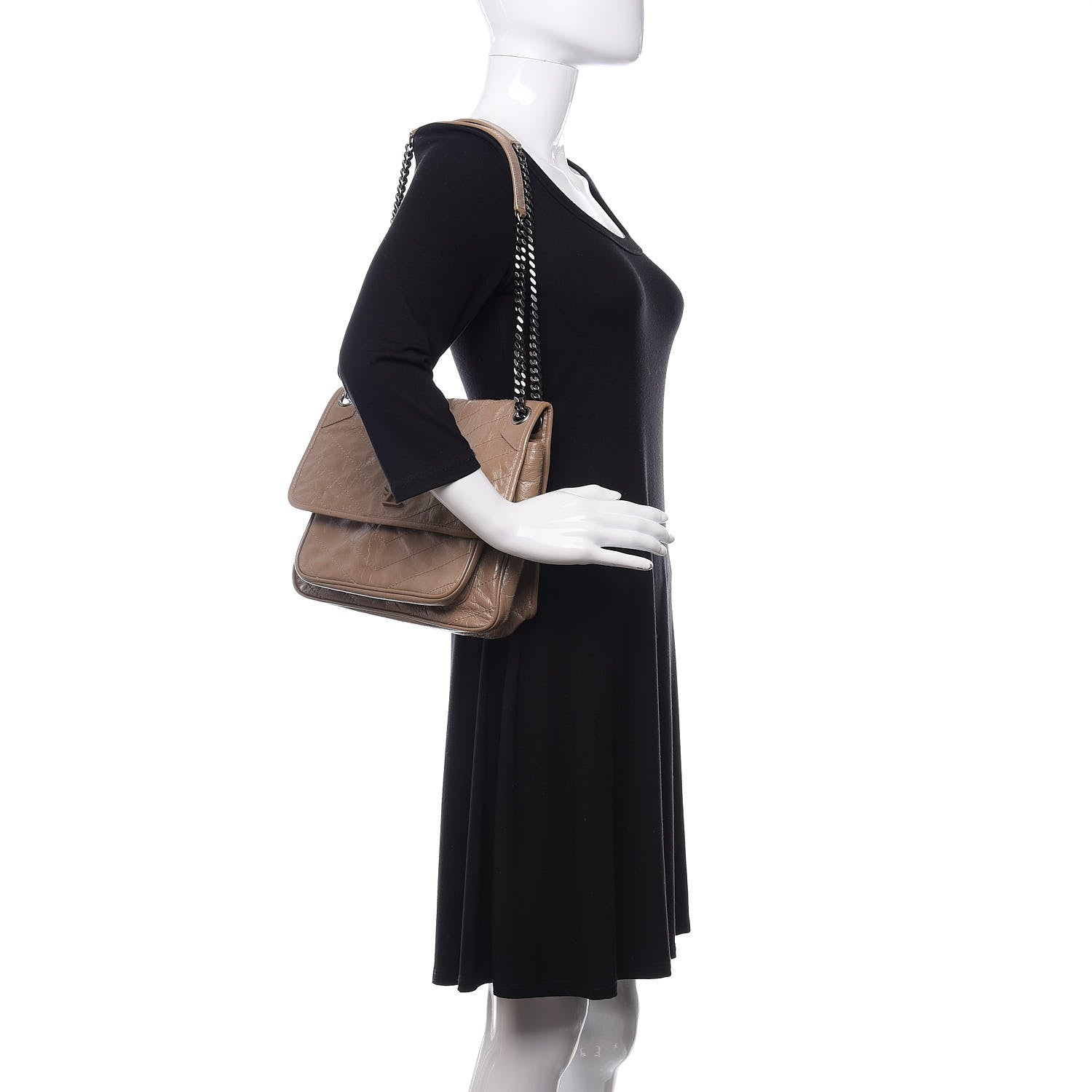 Saint Laurent Crinkled Calfskin Matelasse Monogram Medium Niki Chain Satchel Light Taupe 2 of 10