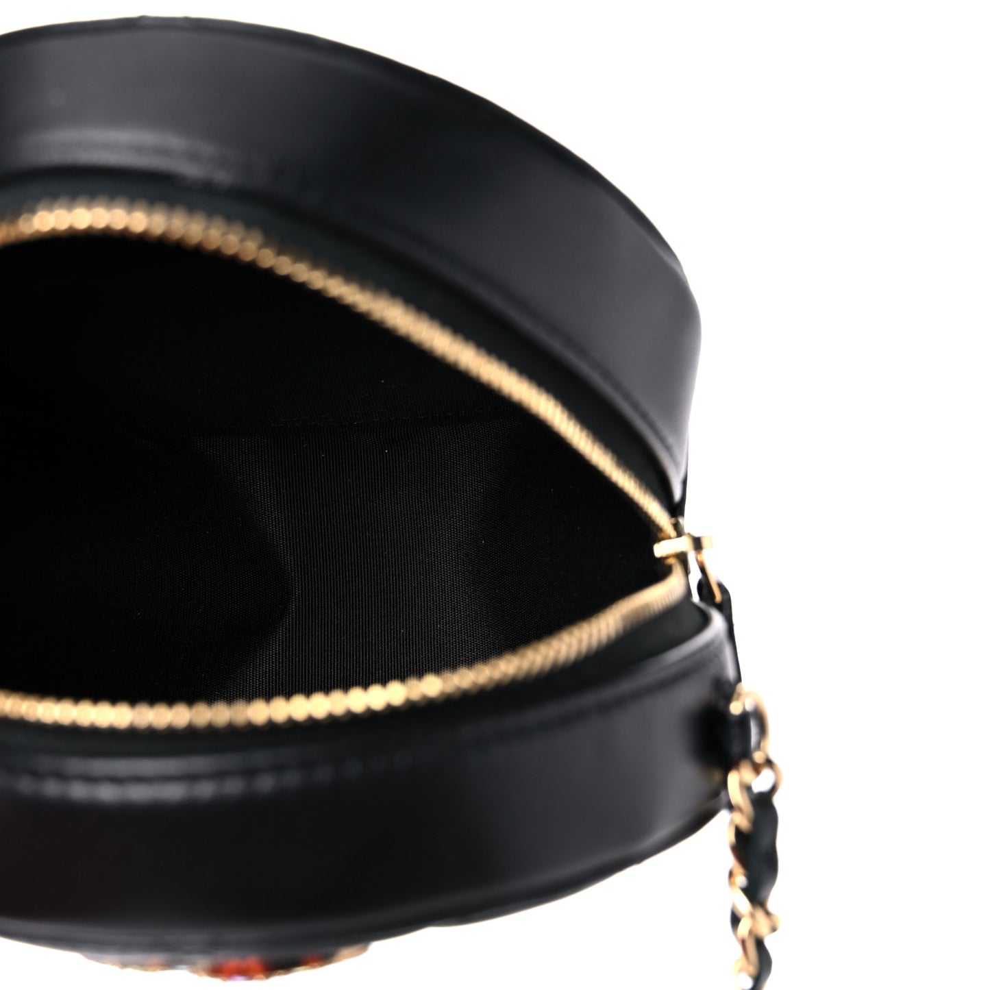 Lambskin Quilted Zirconium Round Clutch With Chain Black