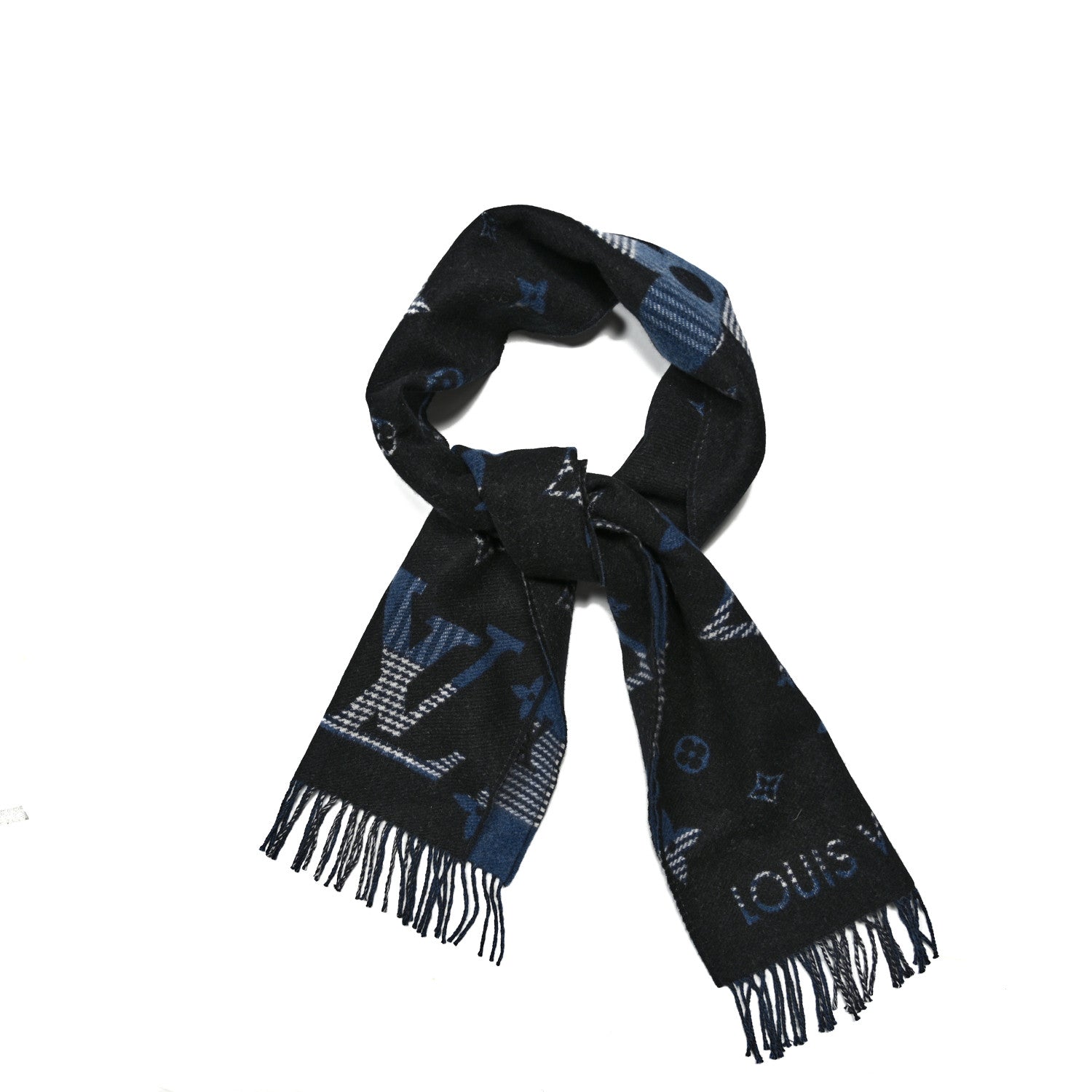 Louis Vuitton Wool Cashmere Monogram Galaxy Tartan City Scarf Black 1 of 3