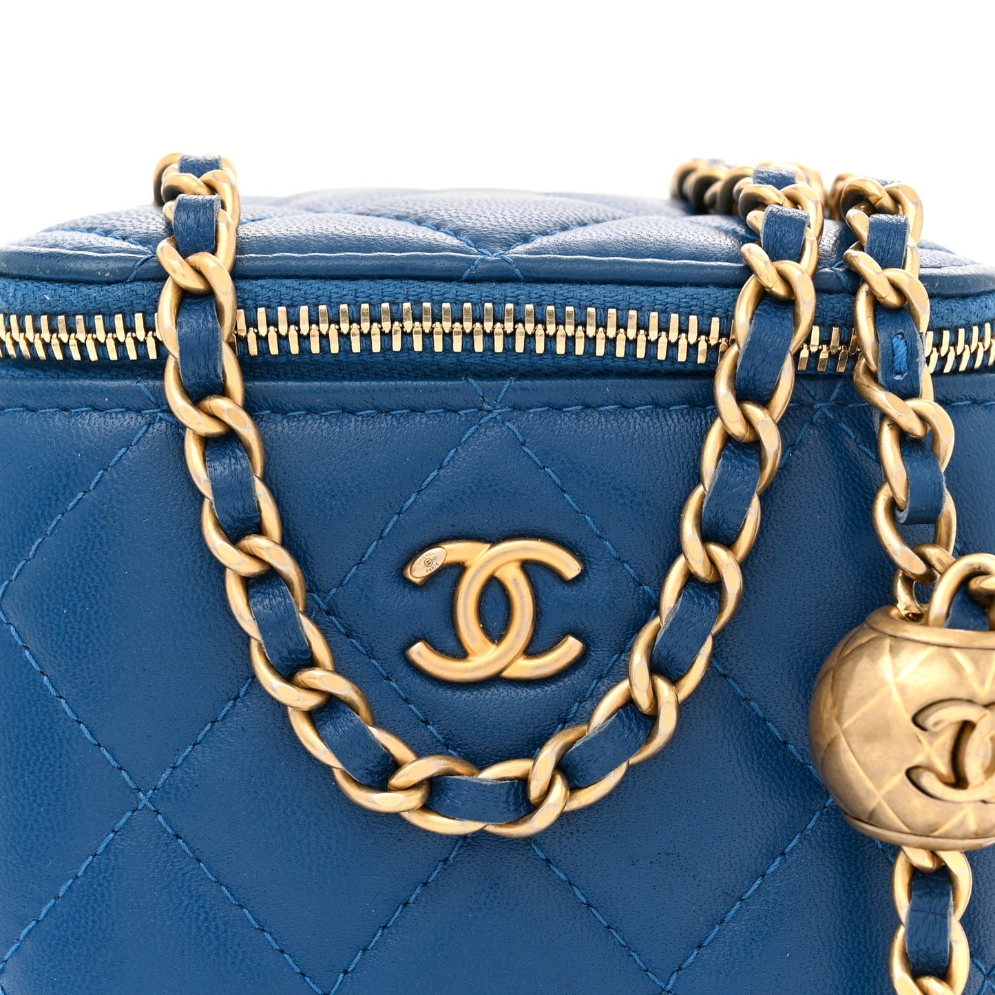 Lambskin Quilted Pearl Crush Mini Vanity Case With Chain Navy Blue