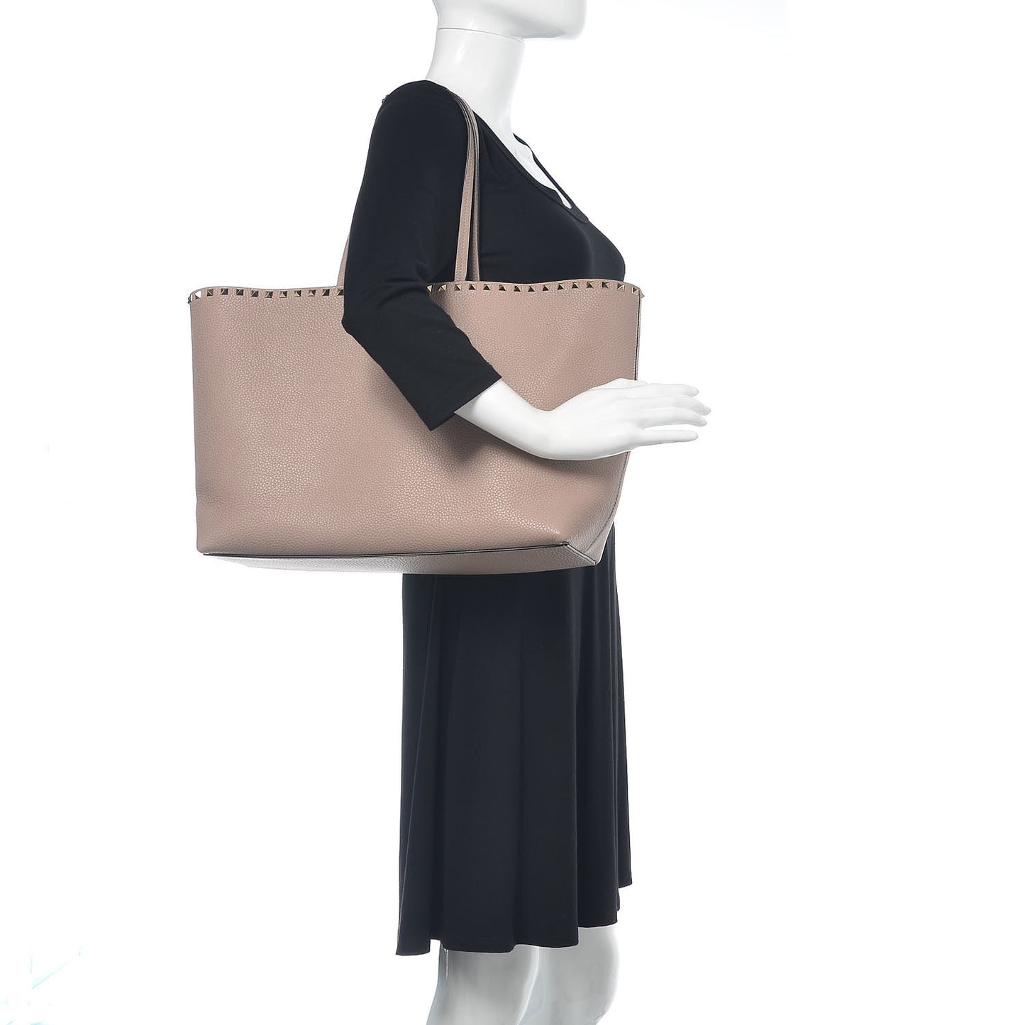 Grained Calfskin Rockstud Shoulder Tote Poudre