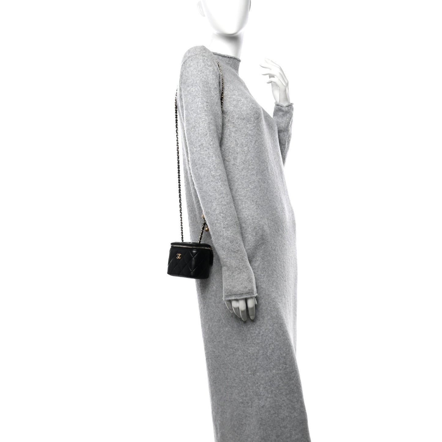 Lambskin Quilted Mini Pearl Crush Vanity Case With Chain Black