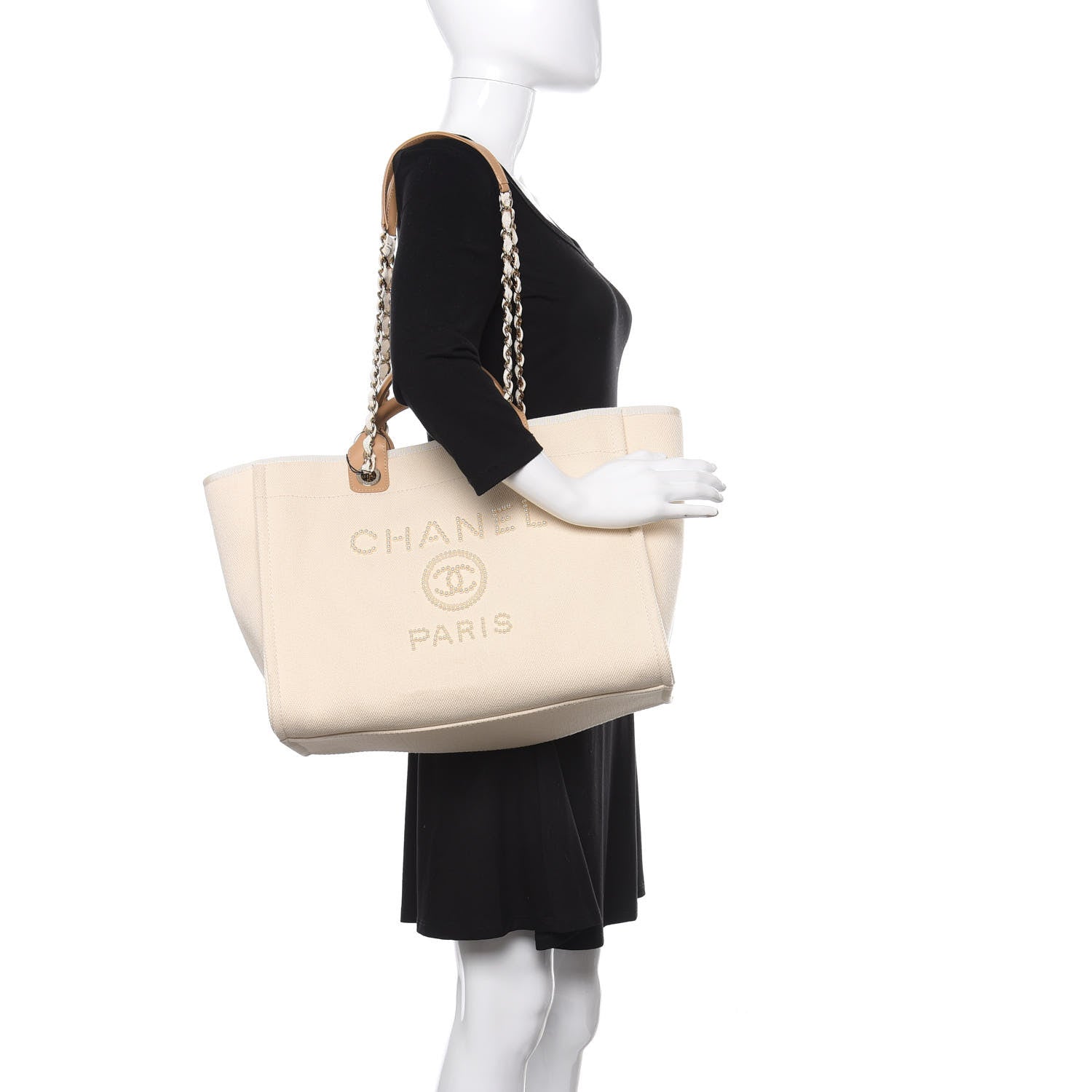 Chanel Canvas Pearl Medium Deauville Tote Ecru Beige 2 of 11