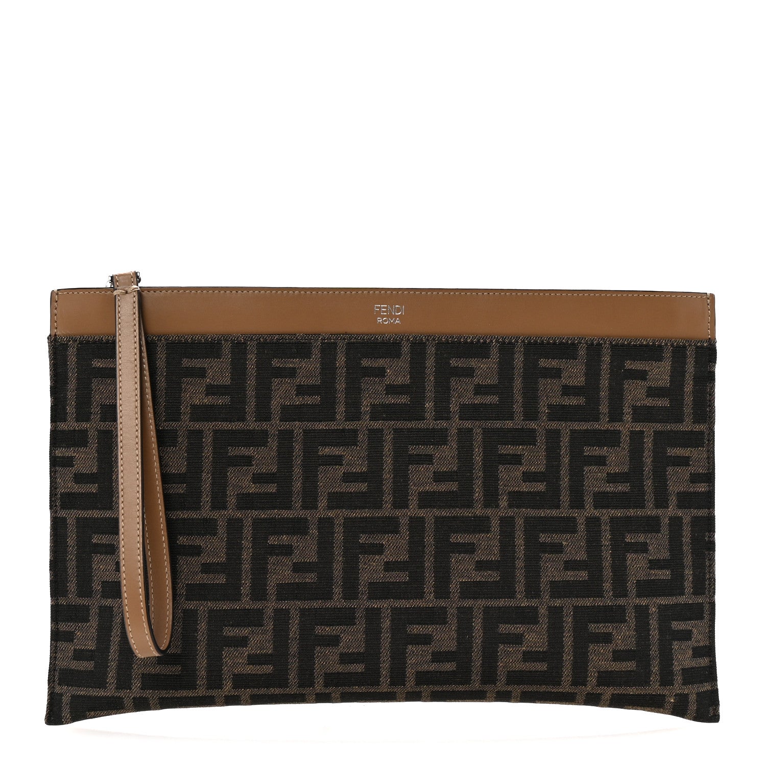 Fendi Vitello King Jacquard FF 1974 Medium Flat Pouch Tobacco Moro Sand 1 of 7
