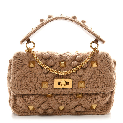 Valentino Garavani Cashmere Large Roman Stud Shoulder Bag Saddle Brown 1 of 9