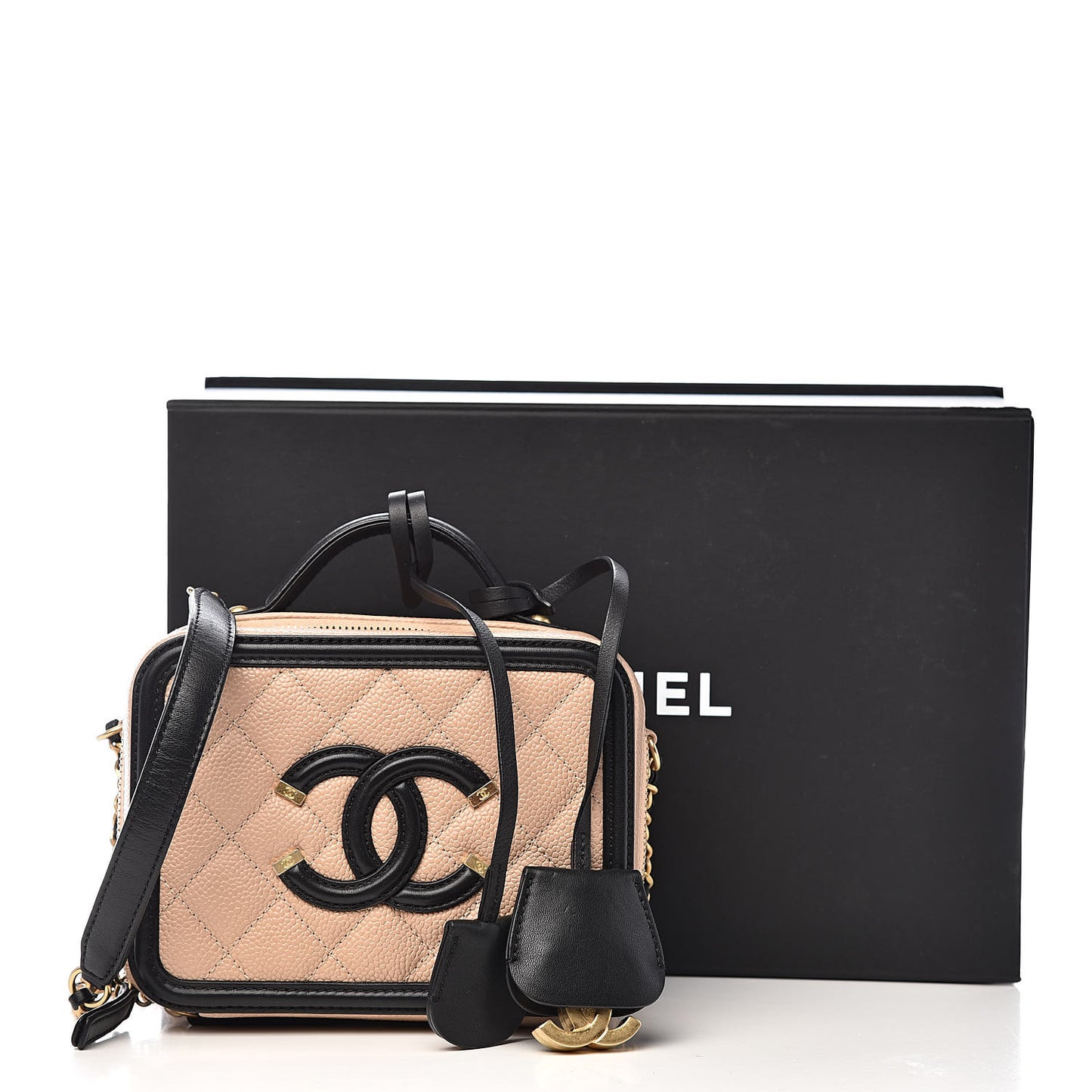 Caviar Quilted Small CC Filigree Vanity Case Beige Black