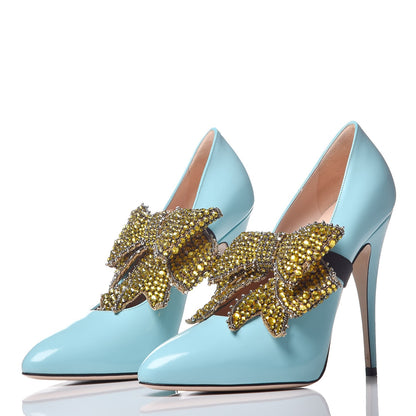 Gucci Regent Calfskin Crystal Removable Bow Elaisa Platform High Heel Pumps 37.5 New Aquamarine 2 of 9