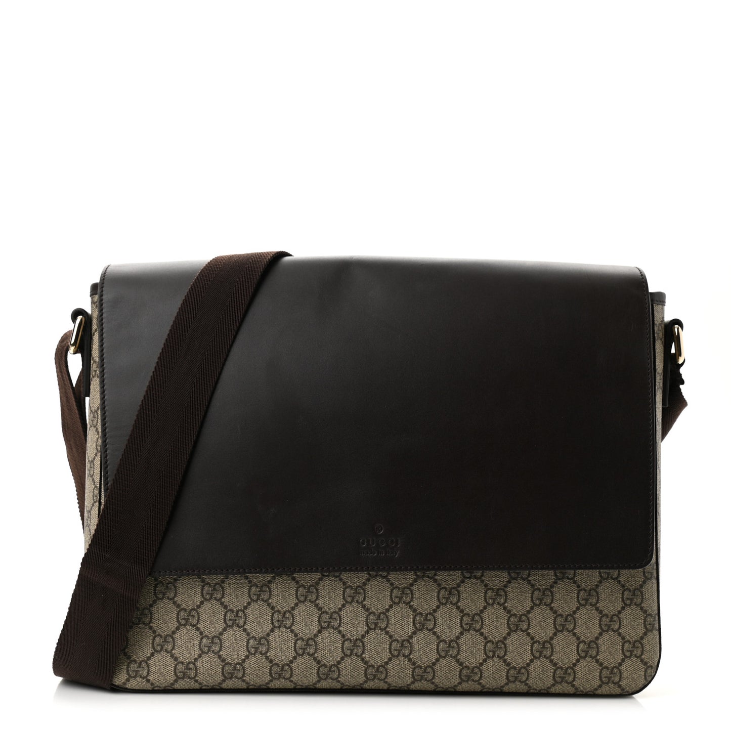 GG Supreme Monogram Selleria Calfskin Large Satchel Messenger Bag Beige Ebony Cocoa Dark Chocolate