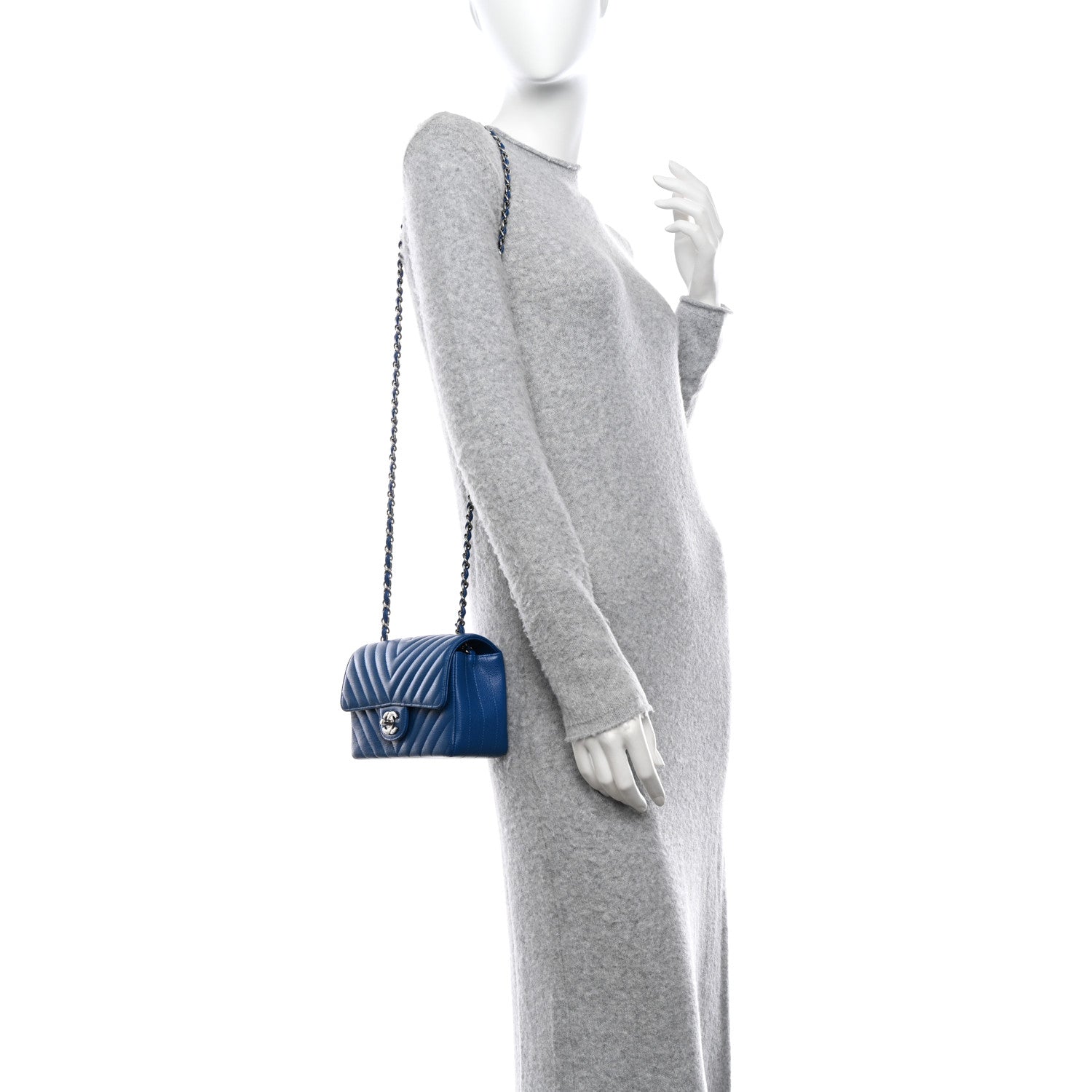 Chanel Caviar Chevron Quilted Mini Rectangular Flap Blue 2 of 9