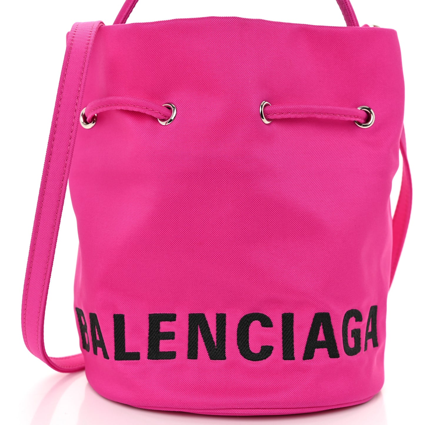Recycled Sport Nylon Logo Embroidered Wheel Drawstring Bucket Bag XS Fuchsia Black