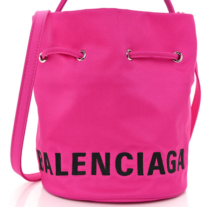 Balenciaga Recycled Sport Nylon Logo Embroidered Wheel Drawstring Bucket Bag XS Fuchsia Black 7 of 9