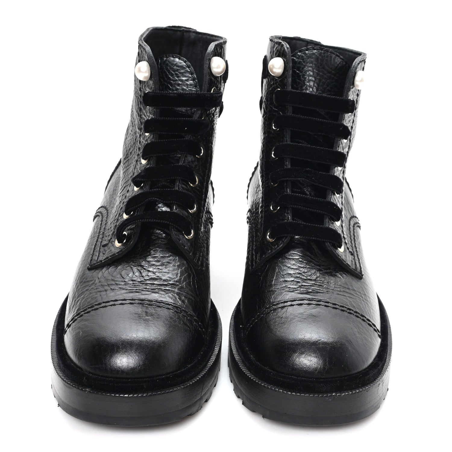 Chanel Shiny Calfskin Velvet Pearl Combat Short Boots 37.5 Black 3 of 9