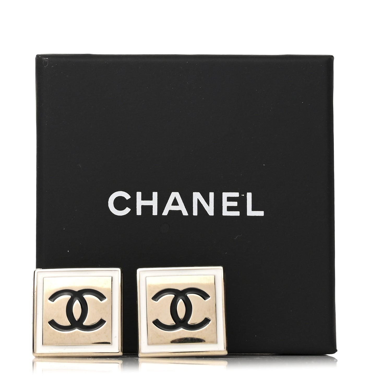 Metal Enamel CC Square Earrings Gold Black White