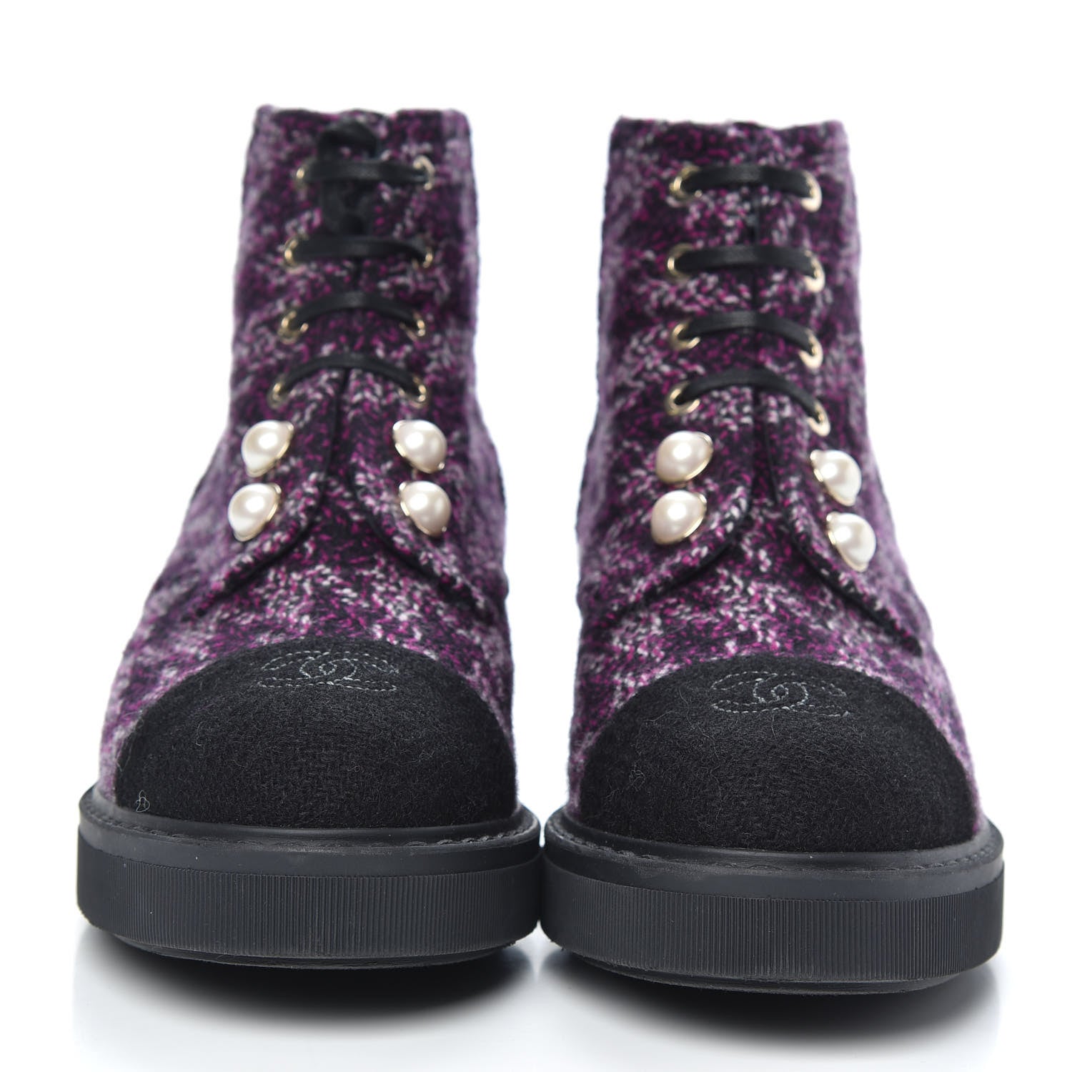 Chanel Tweed Pearl Combat Short Boots 37 Purple Black 2 of 8