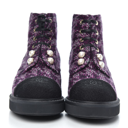 Chanel Tweed Pearl Combat Short Boots 37 Purple Black 2 of 8