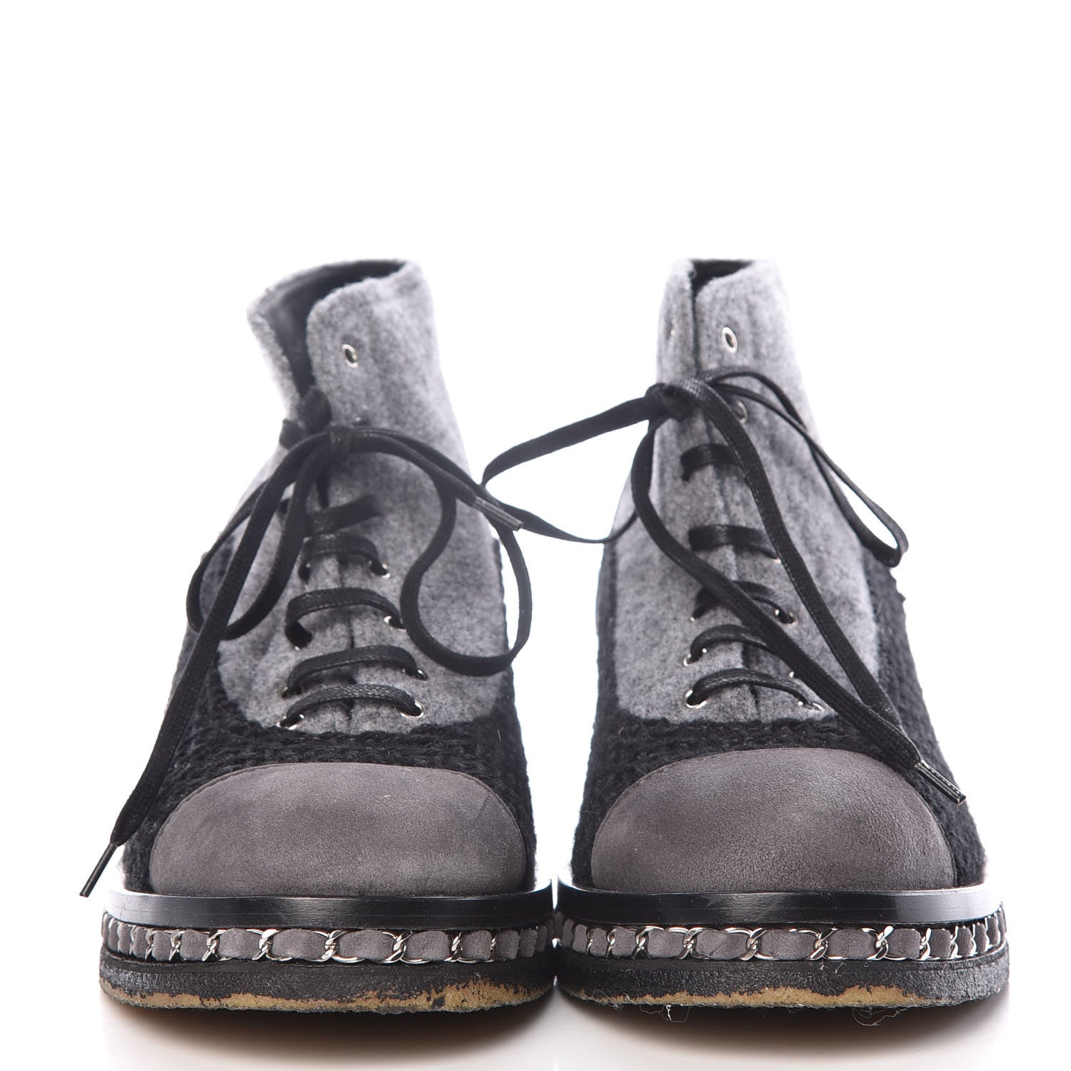 Chanel Wool Calfskin Tweed Lace Up Boots 42 Grey Black 2 of 15