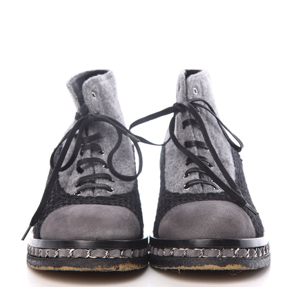 Chanel Wool Calfskin Tweed Lace Up Boots 42 Grey Black 2 of 15