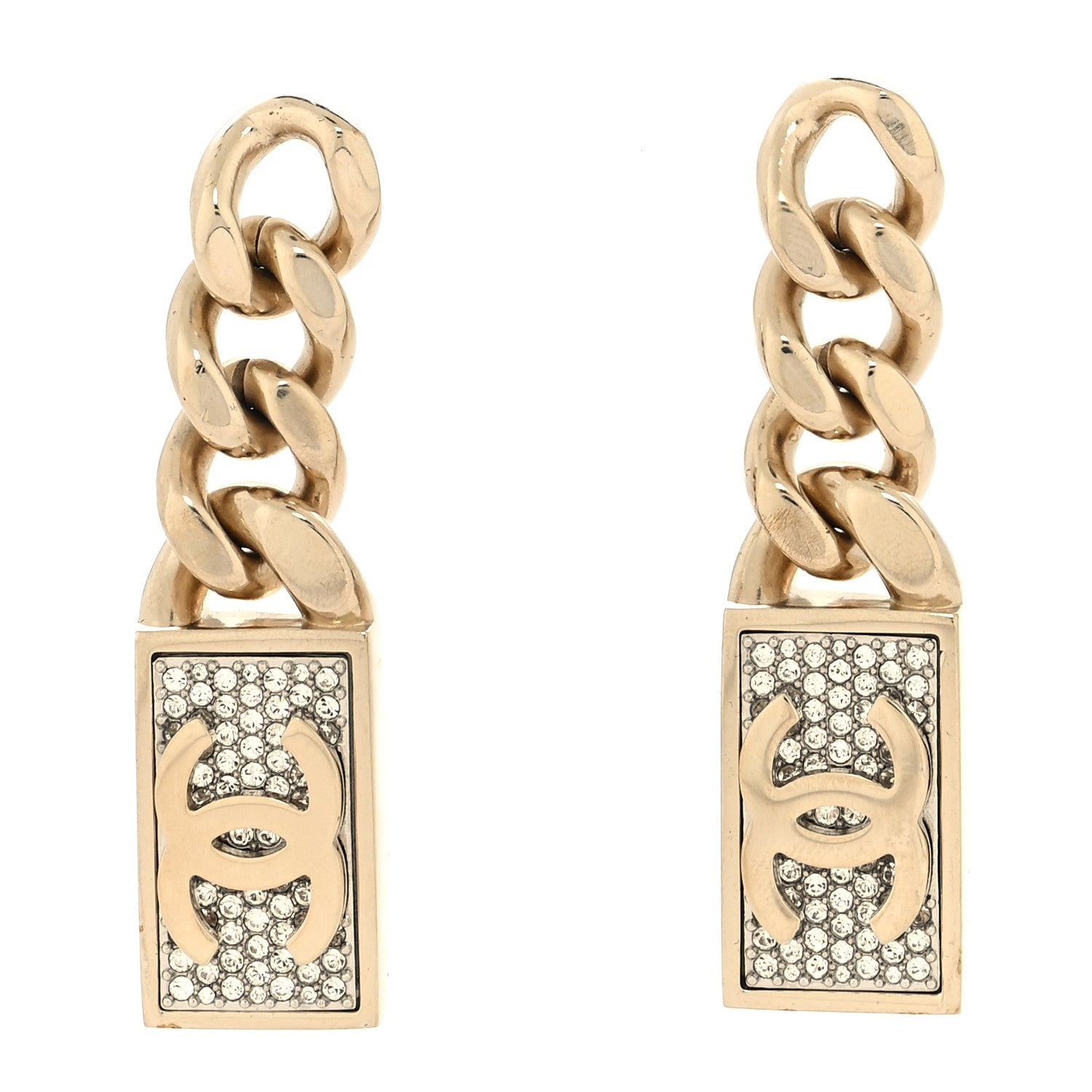 Chanel Crystal Dog Tag Charm Earrings Gold 1 of 4