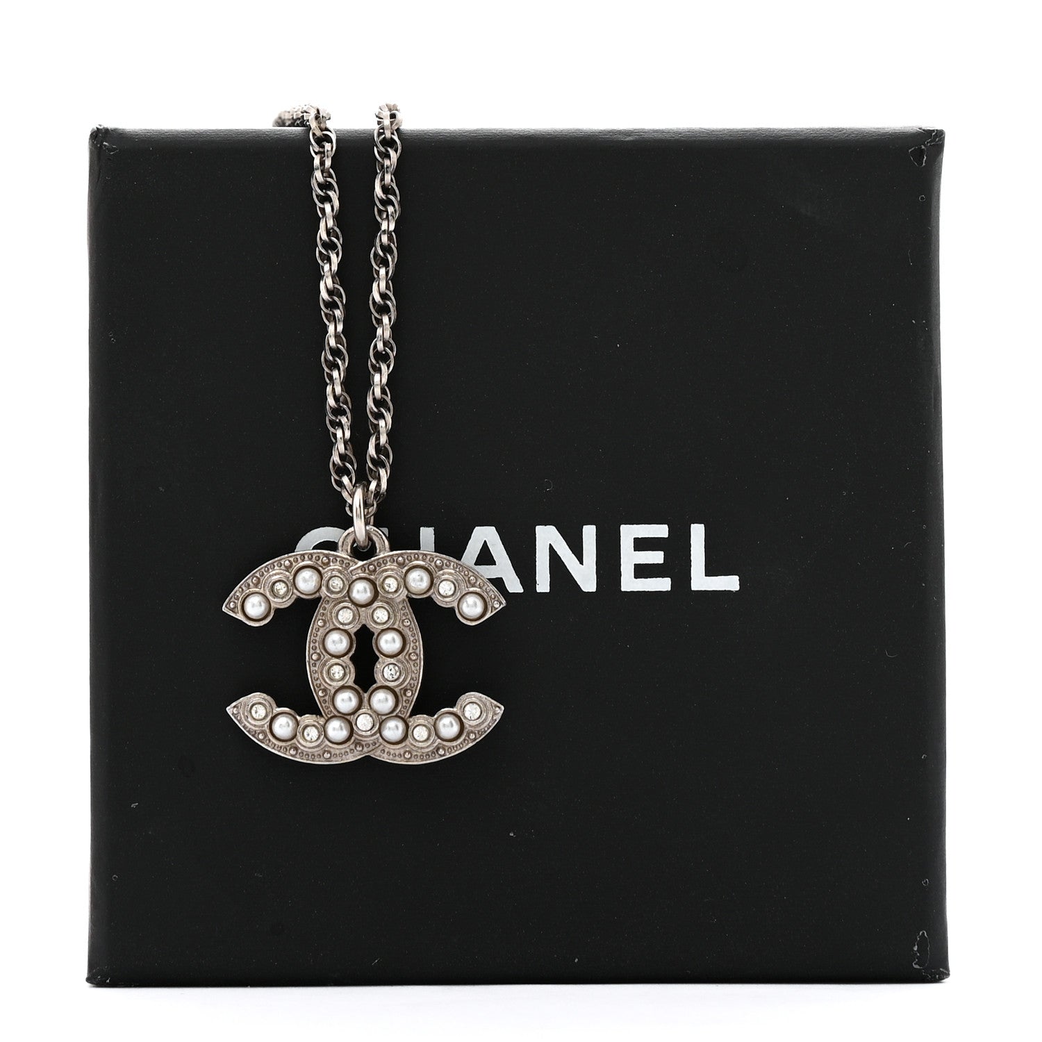 Chanel Pearl Crystal CC Pendant Necklace Silver 6 of 6