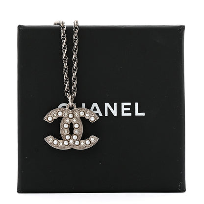 Chanel Pearl Crystal CC Pendant Necklace Silver 6 of 6