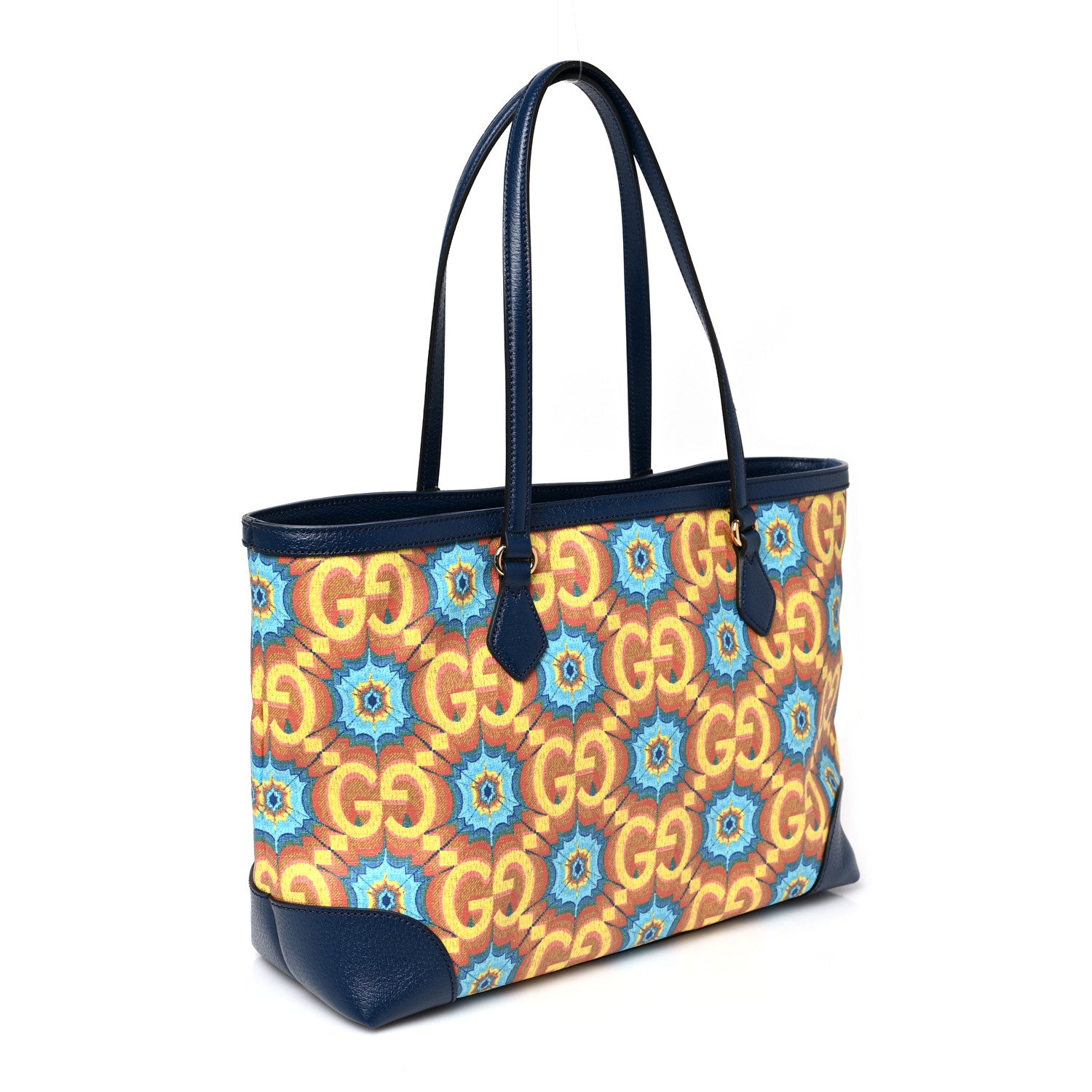 Gucci GG Supreme Kaleidoscope Calfskin Script Logo Gucci 100 Tote Bag Blue Orange Multicolor Blue Agata 3 of 8