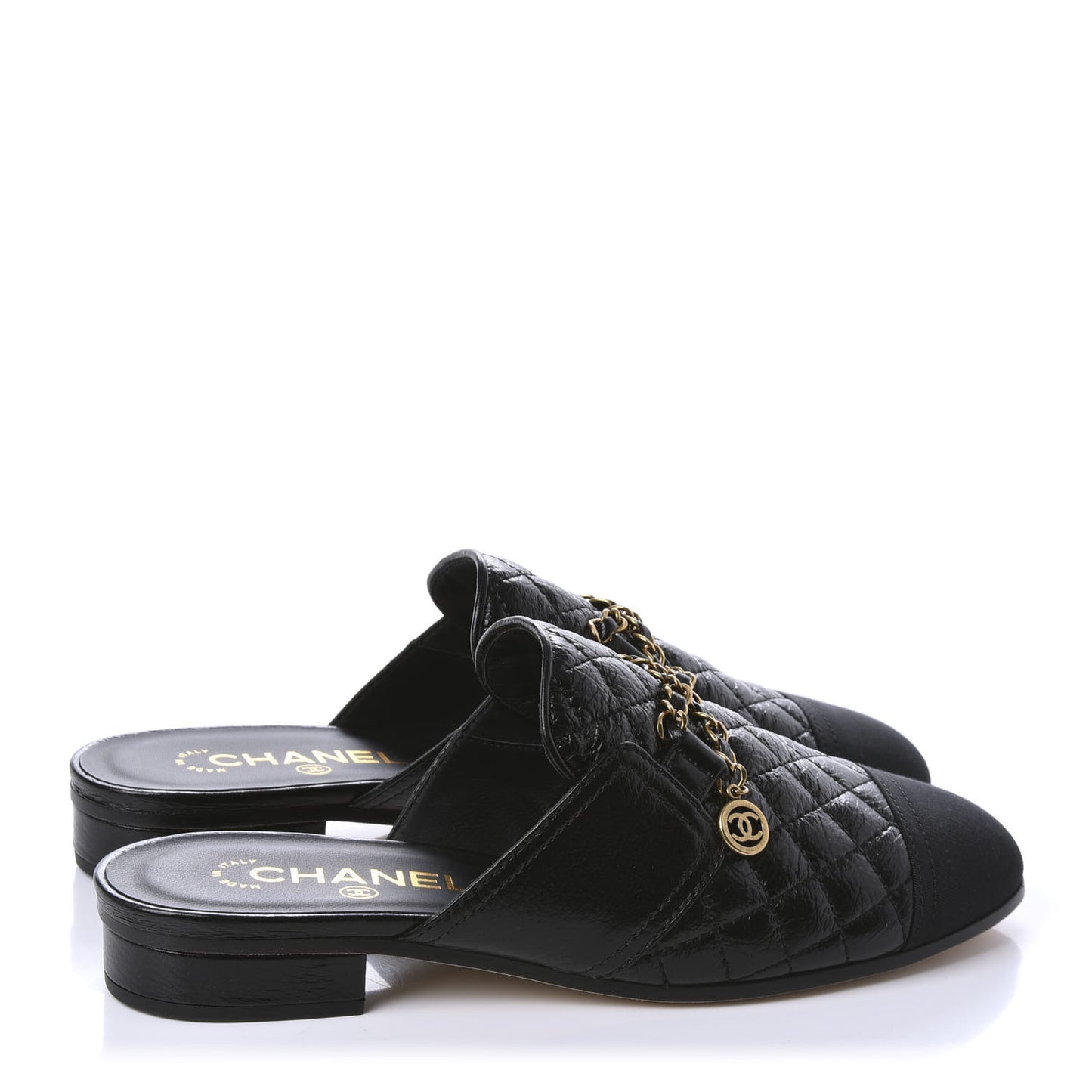 Glazed Deerskin Grosgrain Quilted Chain Mules 37 Black