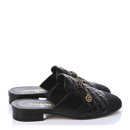 Chanel Glazed Deerskin Grosgrain Quilted Chain Mules 37 Black 4 of 10